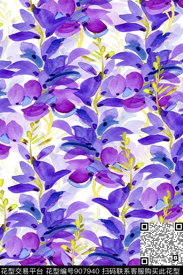 抽象花卉手绘花卉清爽底色花数码印花华亿平台下载（图片编号: 907940） - 瓦栏（Walan）