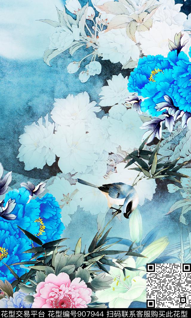 香云纱旗袍牡丹数码印花华亿平台下载（图片编号: 907944） - 瓦栏（Walan）