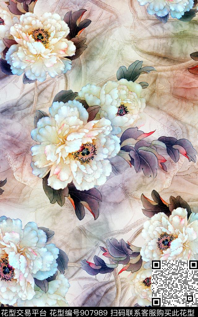 香云纱花卉牡丹数码印花华亿平台下载（图片编号: 907989） - 瓦栏（Walan）