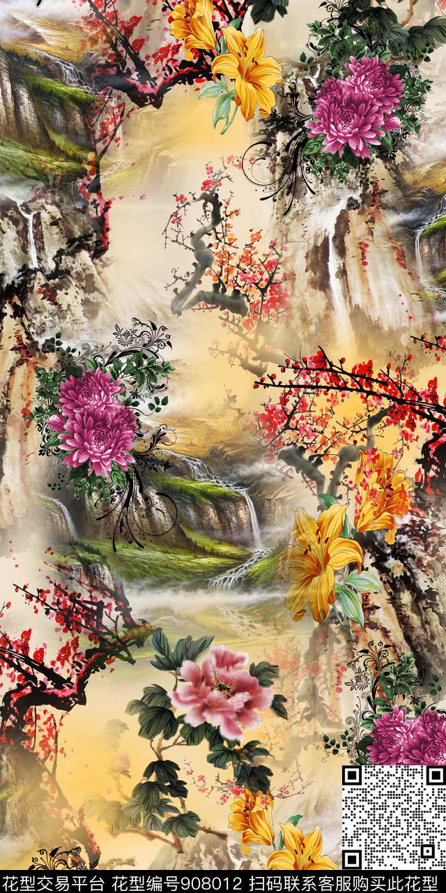 旗袍梅花国画数码印花华亿平台下载（图片编号: 908012） - 瓦栏（Walan）