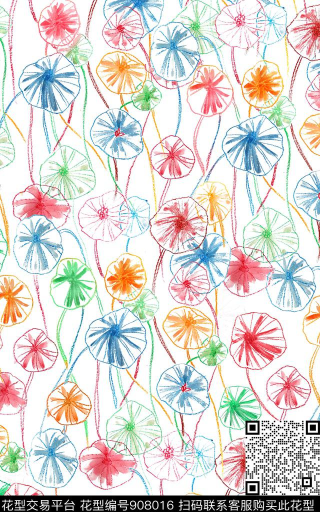 肌理热带变形五彩花传统印花华亿平台下载（图片编号: 908016） - 瓦栏（Walan）