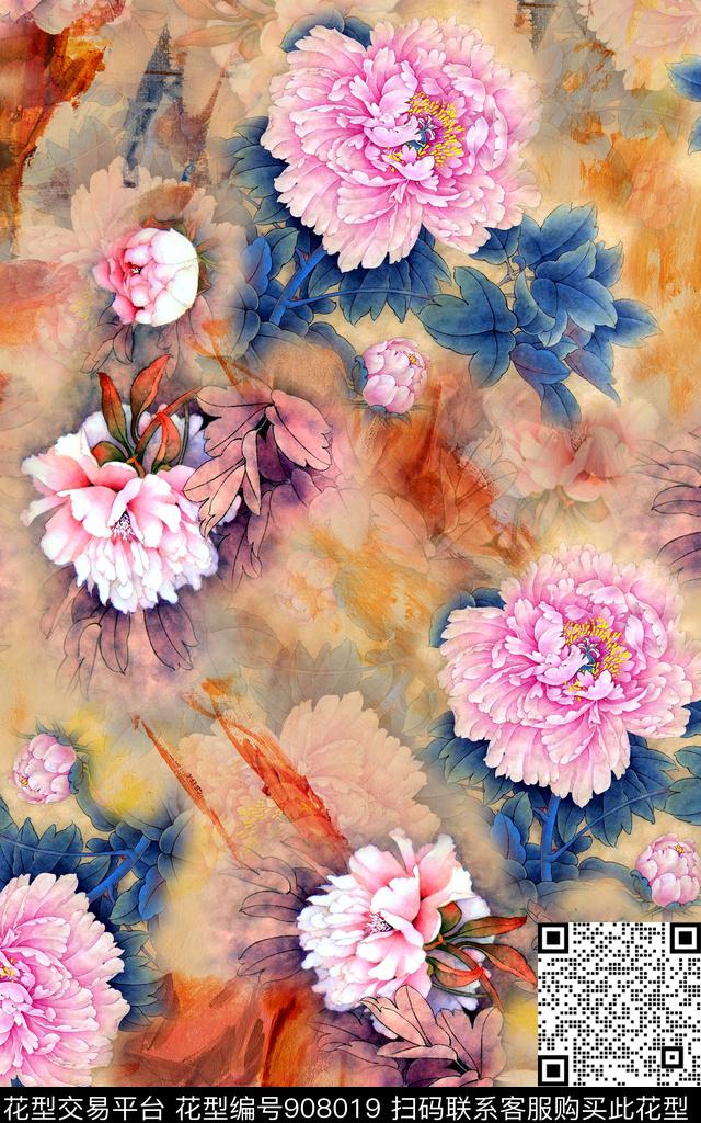 香云纱牡丹中国风数码印花华亿平台下载（图片编号: 908019） - 瓦栏（Walan）