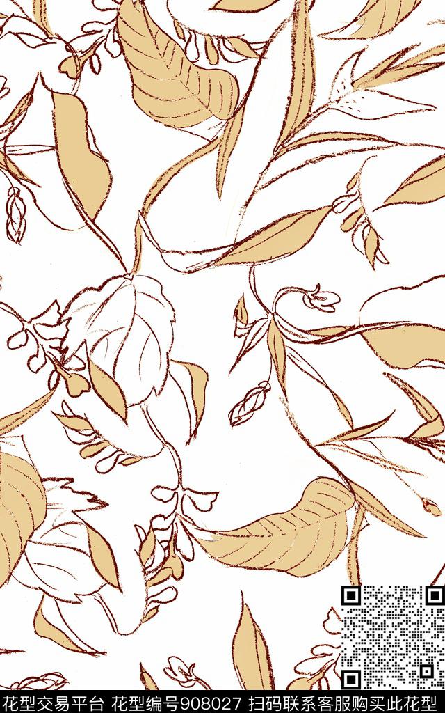 手绘花卉线条绿植树叶传统印花华亿平台下载（图片编号: 908027） - 瓦栏（Walan）