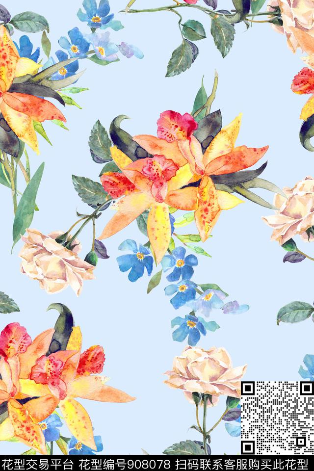 手绘花卉清爽底色花满版散花数码印花华亿平台下载（图片编号: 908078） - 瓦栏（Walan）