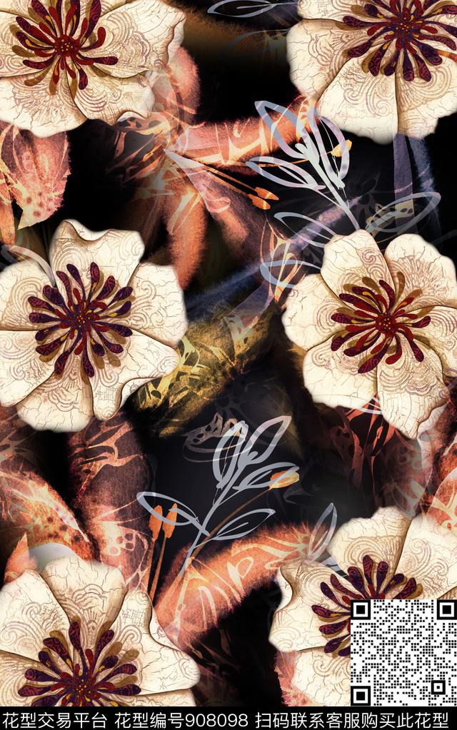 抽象花卉民族风数码印花华亿平台下载（图片编号: 908098） - 瓦栏（Walan）