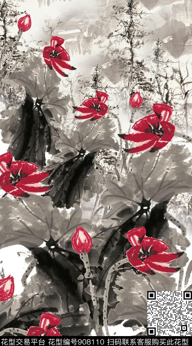 抽象花卉民族风数码印花华亿平台下载（图片编号: 908110） - 瓦栏（Walan）