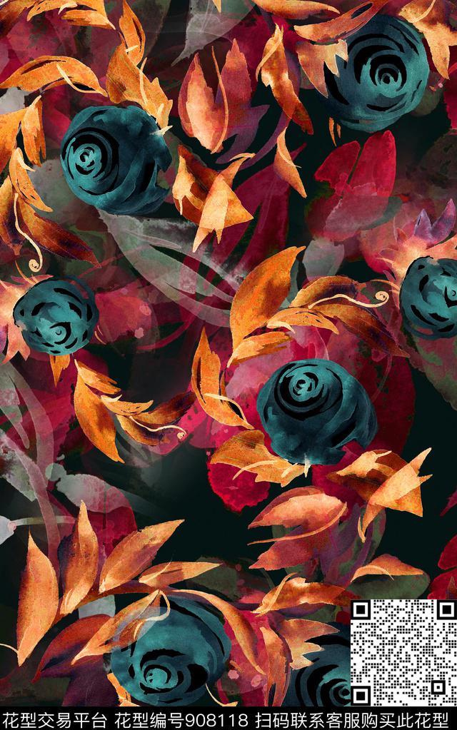 抽象花卉民族风数码印花华亿平台下载（图片编号: 908118） - 瓦栏（Walan）