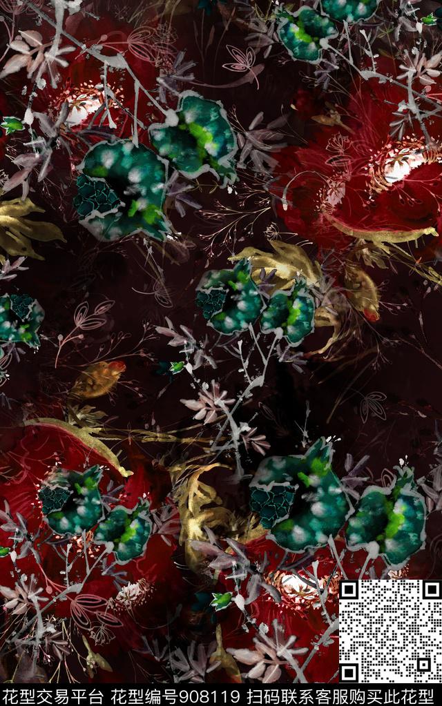 抽象花卉民族风数码印花华亿平台下载（图片编号: 908119） - 瓦栏（Walan）
