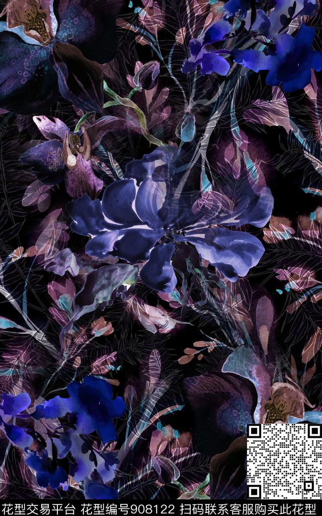 抽象花卉民族风数码印花华亿平台下载（图片编号: 908122） - 瓦栏（Walan）