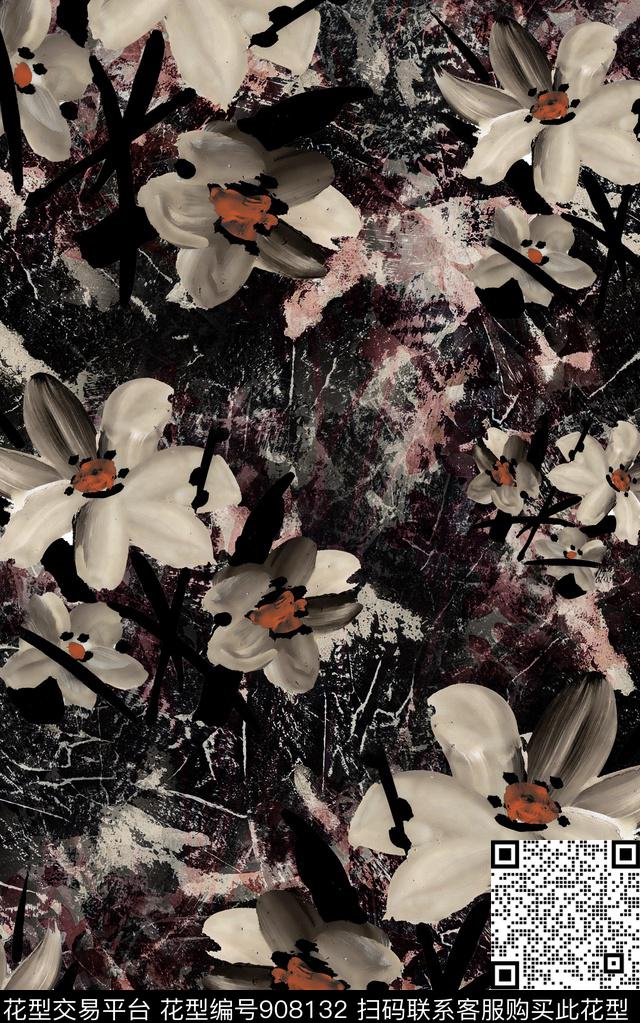 抽象花卉民族风数码印花华亿平台下载（图片编号: 908132） - 瓦栏（Walan）