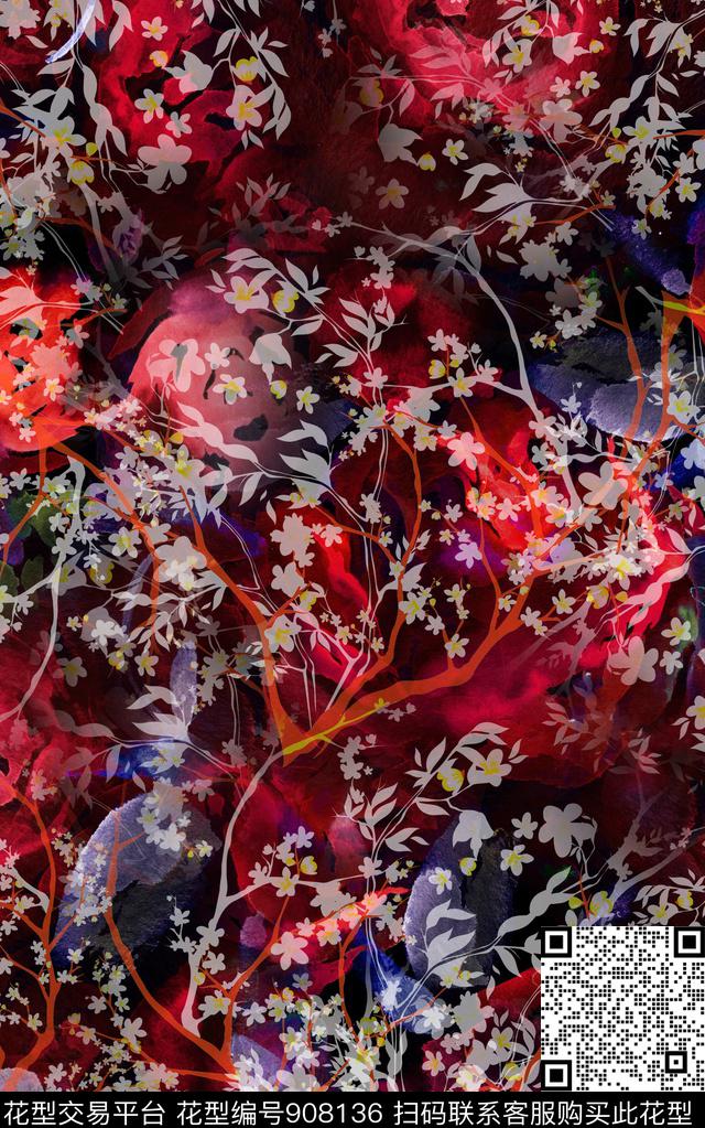 抽象花卉民族风数码印花华亿平台下载（图片编号: 908136） - 瓦栏（Walan）