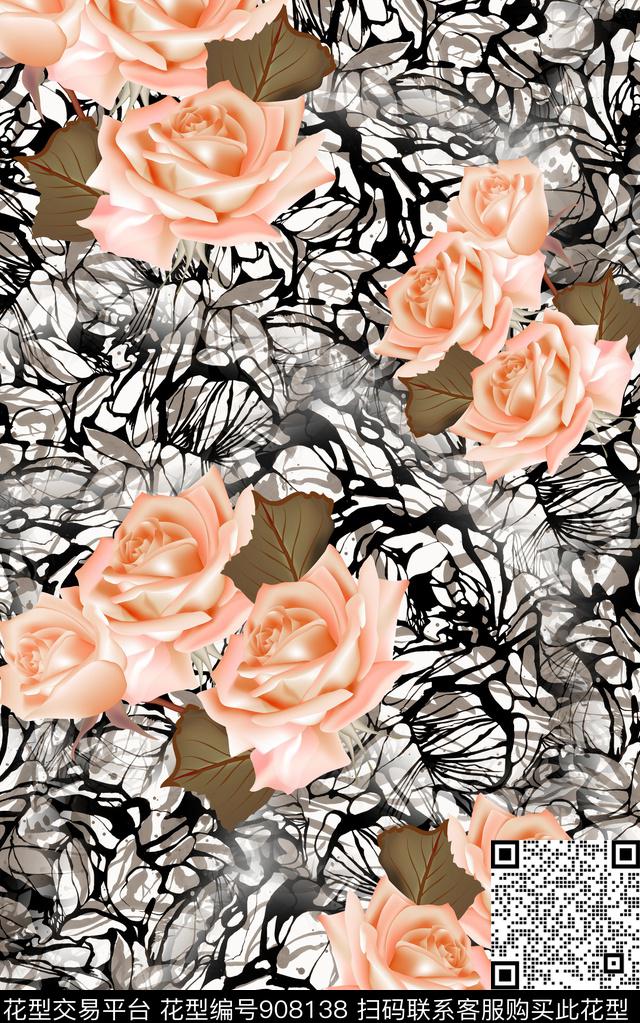抽象花卉民族风数码印花华亿平台下载（图片编号: 908138） - 瓦栏（Walan）
