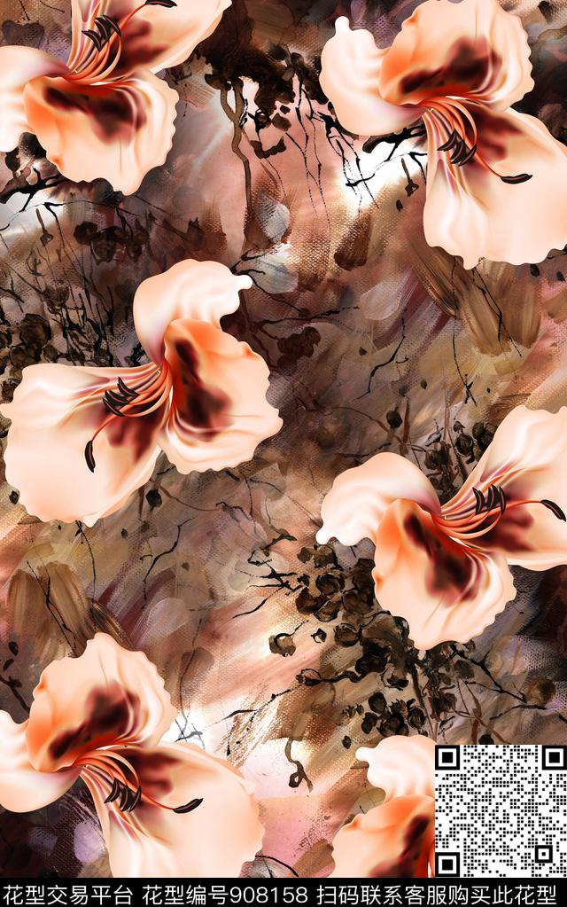 抽象花卉纹理数码印花华亿平台下载（图片编号: 908158） - 瓦栏（Walan）