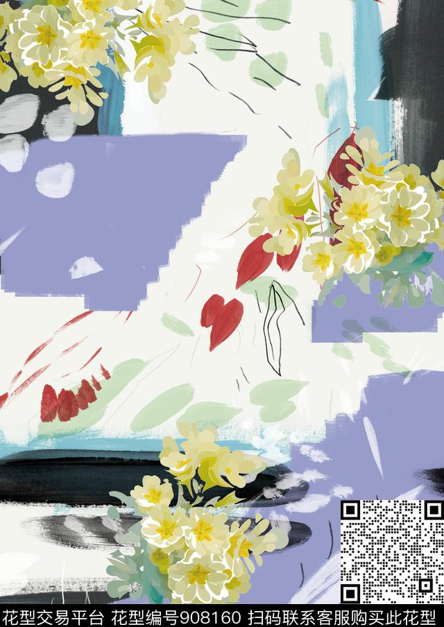 抽象花卉笔触传统印花华亿平台下载（图片编号: 908160） - 瓦栏（Walan）