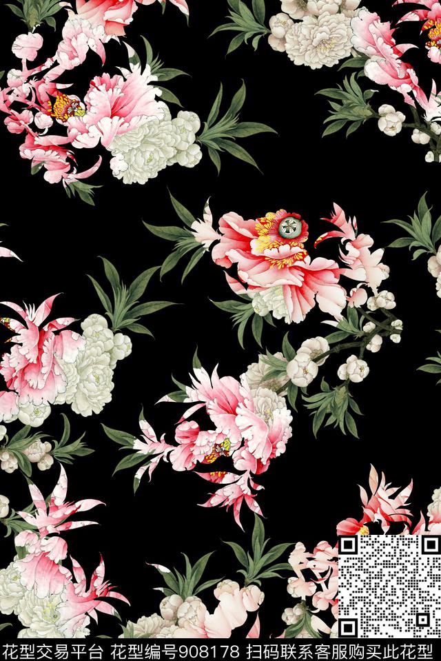 中国风男装满版花黑底花卉数码印花华亿平台下载（图片编号: 908178） - 瓦栏（Walan）