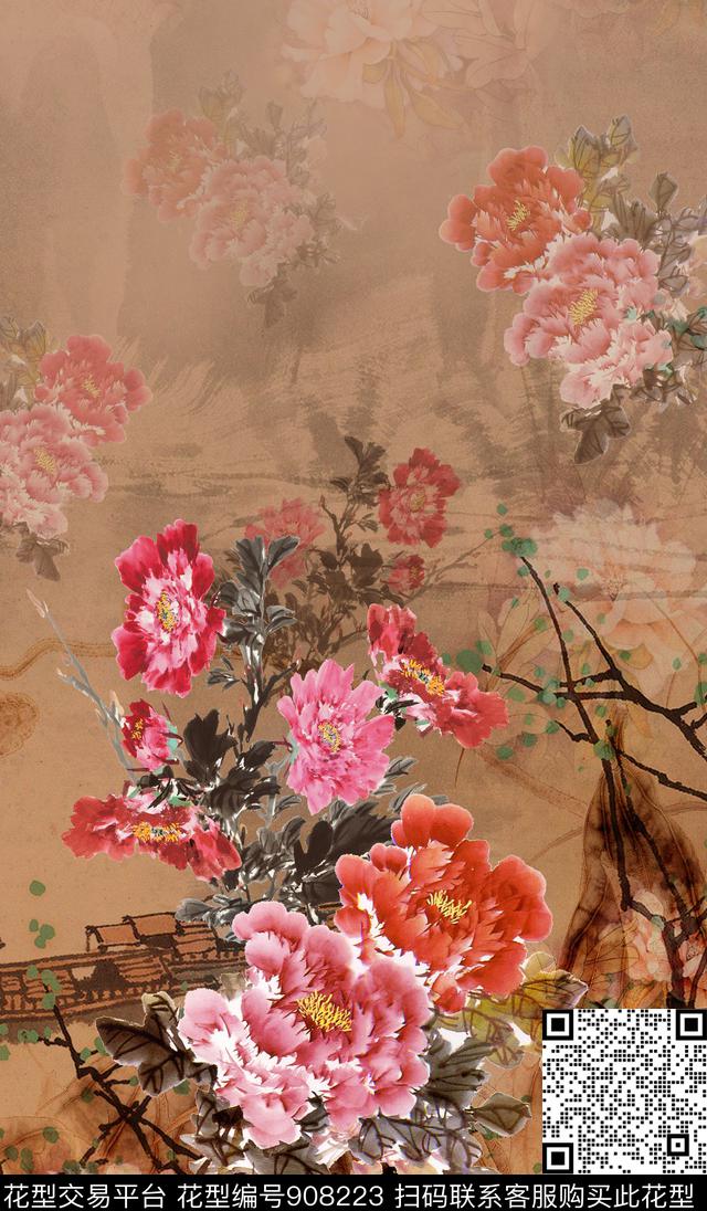 香云纱中国风定位花牡丹数码印花华亿平台下载（图片编号: 908223） - 瓦栏（Walan）