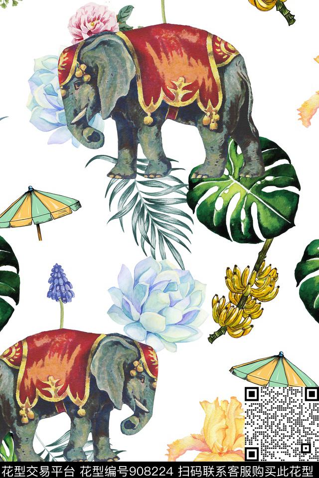 植物热带大象数码印花华亿平台下载（图片编号: 908224） - 瓦栏（Walan）