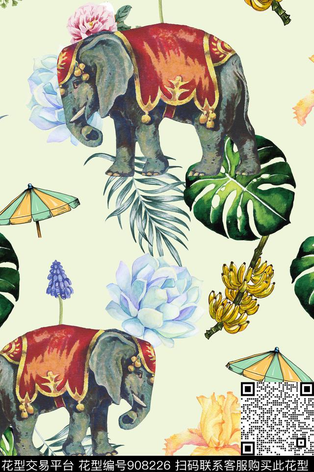 植物热带大象数码印花华亿平台下载（图片编号: 908226） - 瓦栏（Walan）