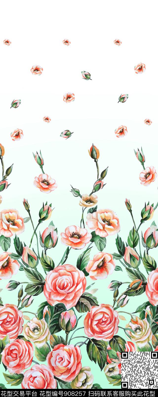 玫瑰花手绘花卉定位花传统印花华亿平台下载（图片编号: 908257） - 瓦栏（Walan）
