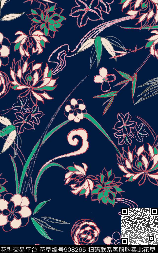 线条花卉绿植树叶素雅传统印花华亿平台下载（图片编号: 908265） - 瓦栏（Walan）