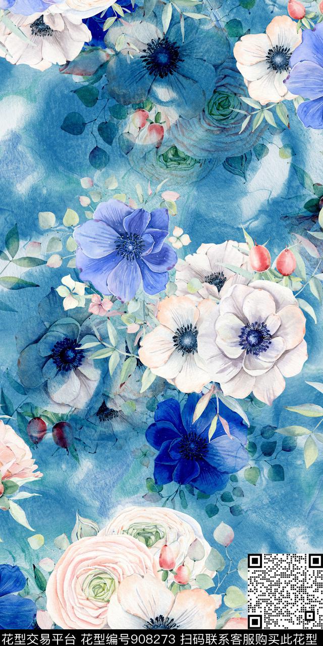 花卉水彩花卉手绘花卉数码印花华亿平台下载（图片编号: 908273） - 瓦栏（Walan）