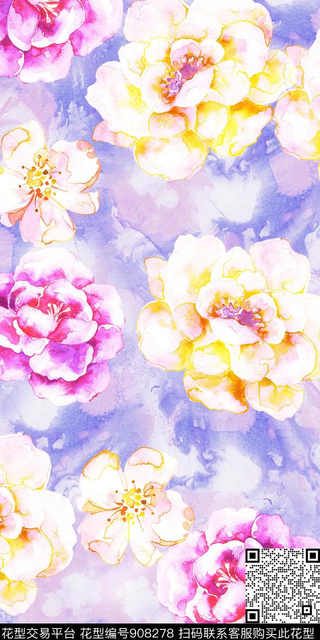 水彩花卉满版散花手绘花卉数码印花华亿平台下载（图片编号: 908278） - 瓦栏（Walan）