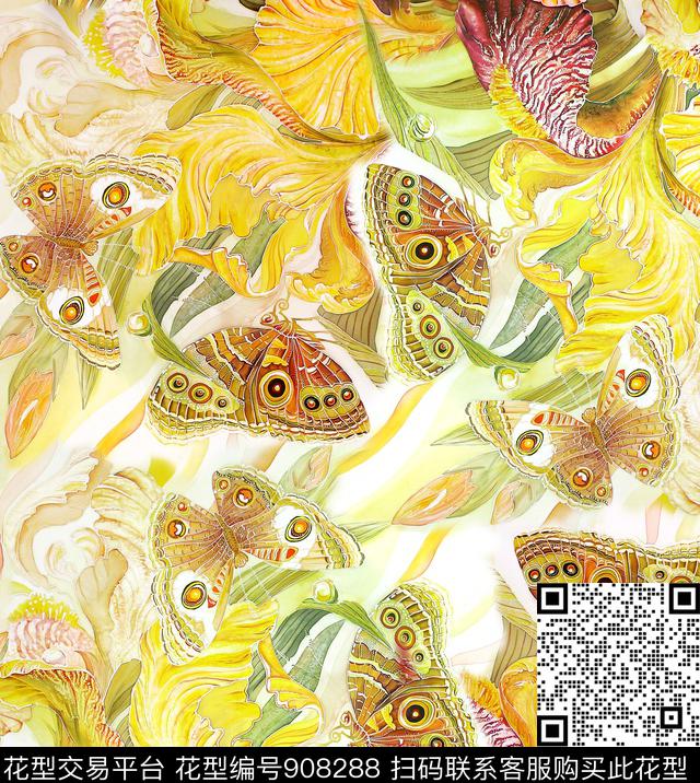 抽象花卉水彩花卉鸢尾花数码印花华亿平台下载（图片编号: 908288） - 瓦栏（Walan）