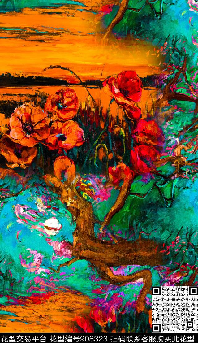 香云纱抽象油画华亿平台数码印花华亿平台下载（图片编号: 908323） - 瓦栏（Walan）