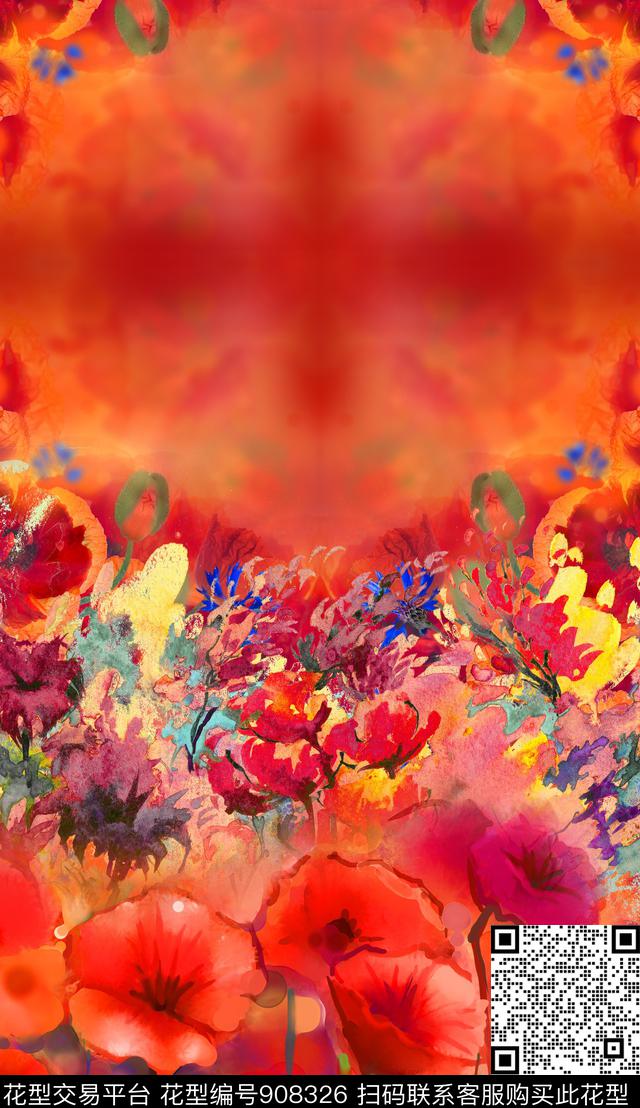 水彩花卉定位花手绘花卉数码印花华亿平台下载（图片编号: 908326） - 瓦栏（Walan）
