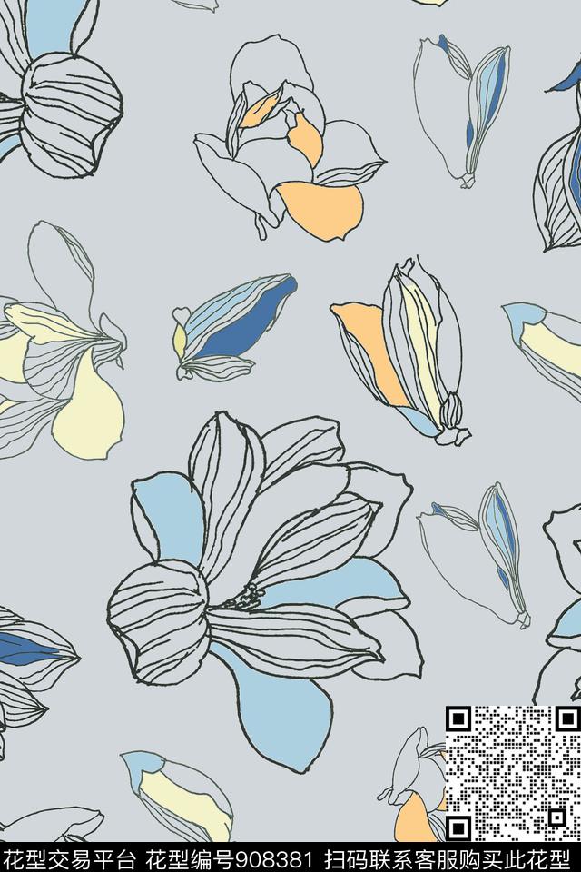 玉兰花线条花卉色彩块面数码印花华亿平台下载（图片编号: 908381） - 瓦栏（Walan）