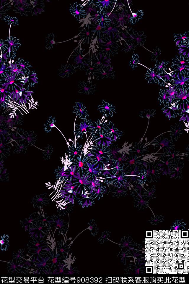 暗底亮花黑底花卉数码印花华亿平台下载（图片编号: 908392） - 瓦栏（Walan）