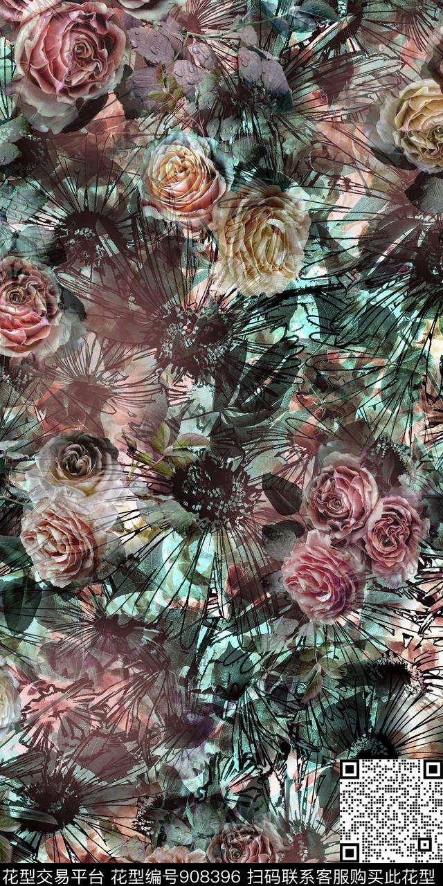 花卉3D立体玫瑰花数码印花华亿平台下载（图片编号: 908396） - 瓦栏（Walan）