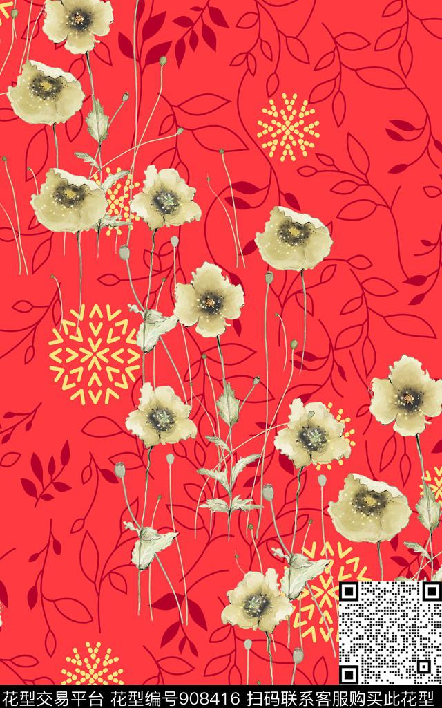 花卉线条花卉传统华亿平台数码印花华亿平台下载（图片编号: 908416） - 瓦栏（Walan）