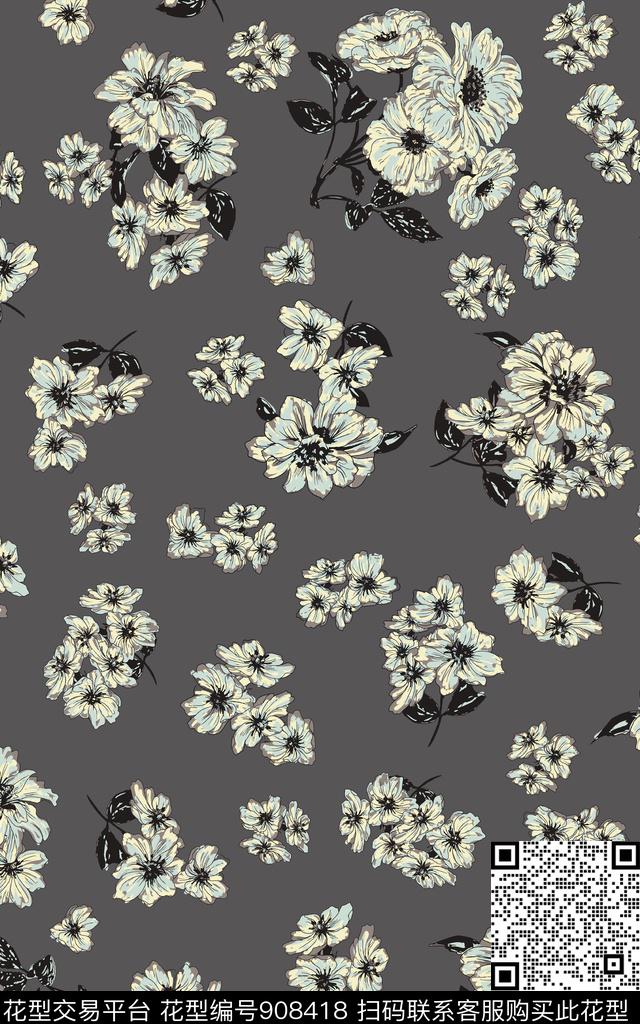 抽象花卉清爽底色花白花数码印花华亿平台下载（图片编号: 908418） - 瓦栏（Walan）