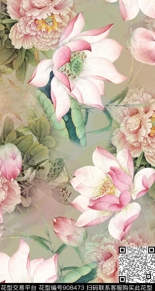 中国风荷花牡丹数码印花华亿平台下载（图片编号: 908473） - 瓦栏（Walan）