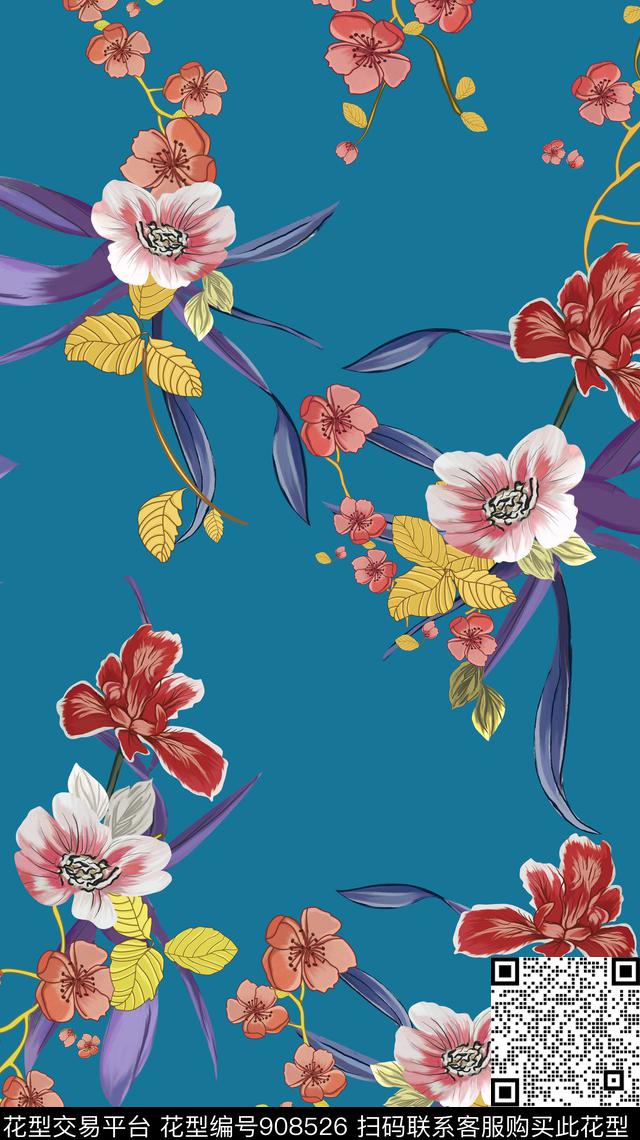 花卉手绘花卉连衣裙数码印花华亿平台下载（图片编号: 908526） - 瓦栏（Walan）