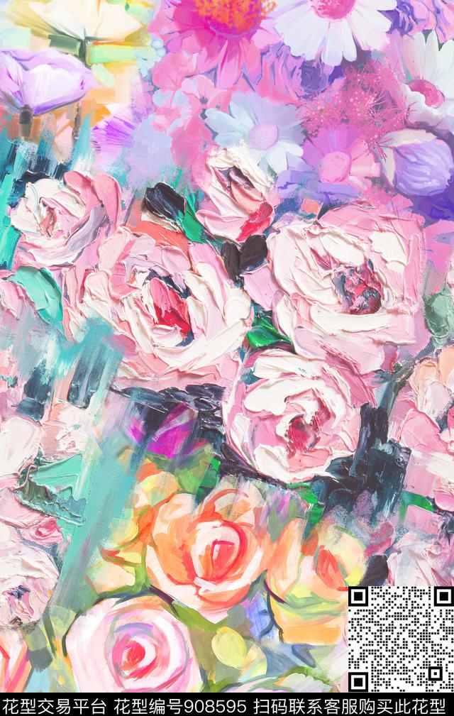 手绘玫瑰油画华亿平台抽象涂鸦数码印花华亿平台下载（图片编号: 908595） - 瓦栏（Walan）