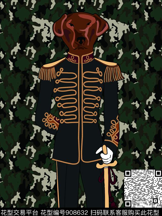 迷彩D&G狗头穿军装的动物数码印花华亿平台下载（图片编号: 908632） - 瓦栏（Walan）