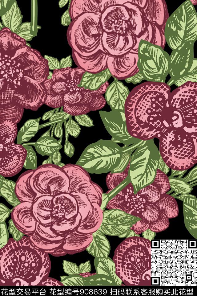 花卉玫瑰花定位花数码印花华亿平台下载（图片编号: 908639） - 瓦栏（Walan）