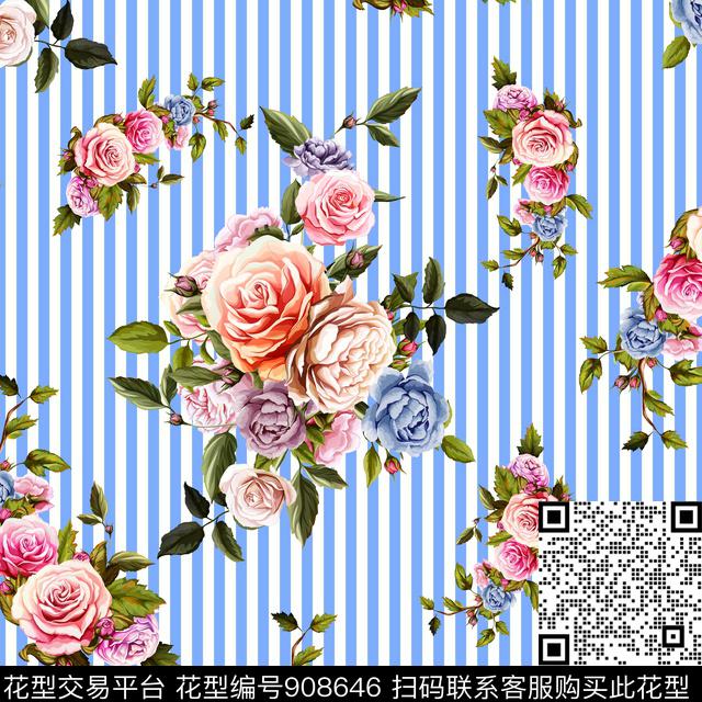 花卉玫瑰花大牌风传统印花华亿平台下载（图片编号: 908646） - 瓦栏（Walan）