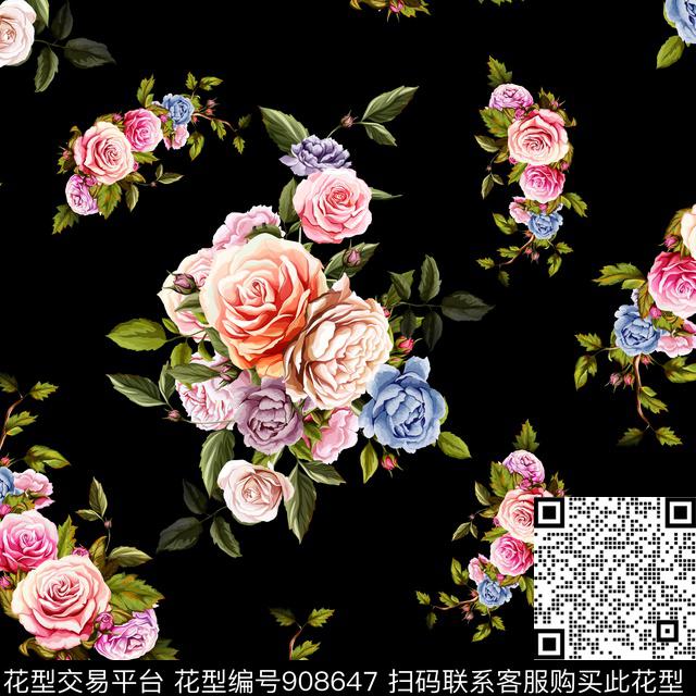 花卉玫瑰花大牌风传统印花华亿平台下载（图片编号: 908647） - 瓦栏（Walan）