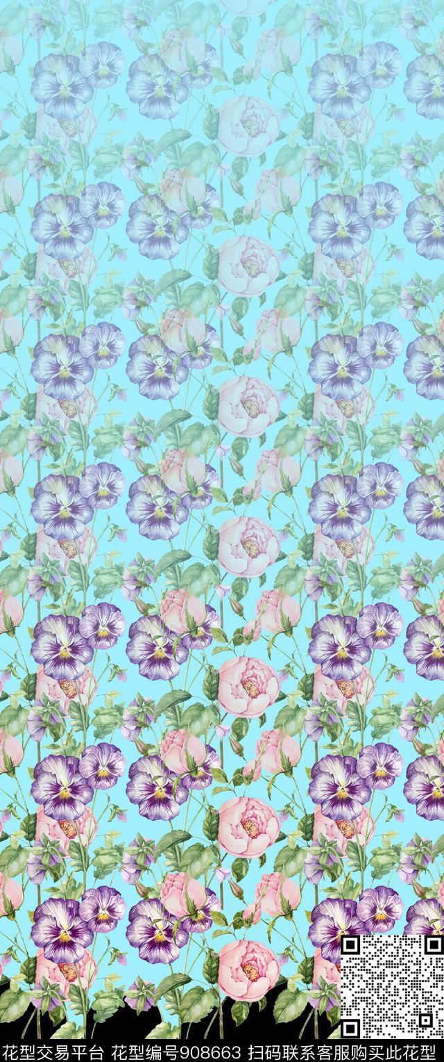 花卉定位花单边数码印花华亿平台下载（图片编号: 908663） - 瓦栏（Walan）