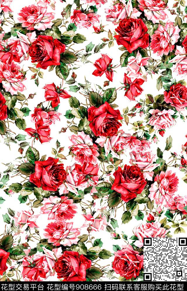 花卉玫瑰花大牌风传统印花华亿平台下载（图片编号: 908666） - 瓦栏（Walan）