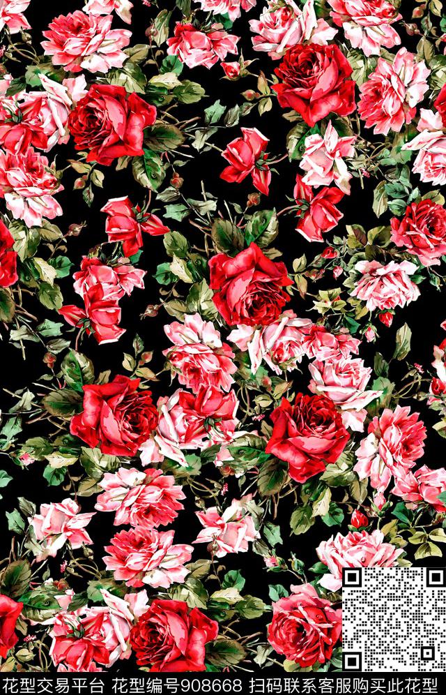 花卉玫瑰花大牌风传统印花华亿平台下载（图片编号: 908668） - 瓦栏（Walan）