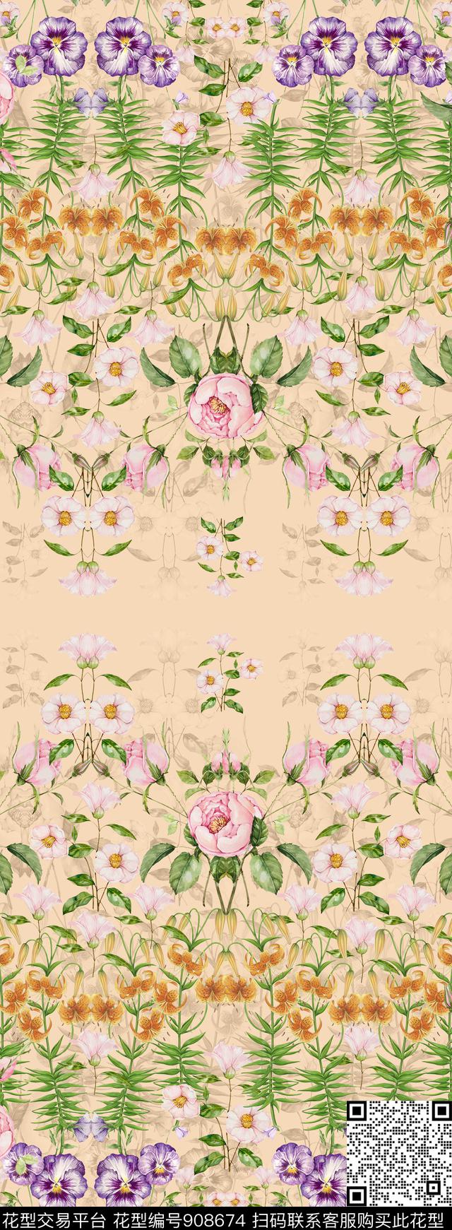 欧式定位花花卉大牌风数码印花华亿平台下载（图片编号: 908674） - 瓦栏（Walan）