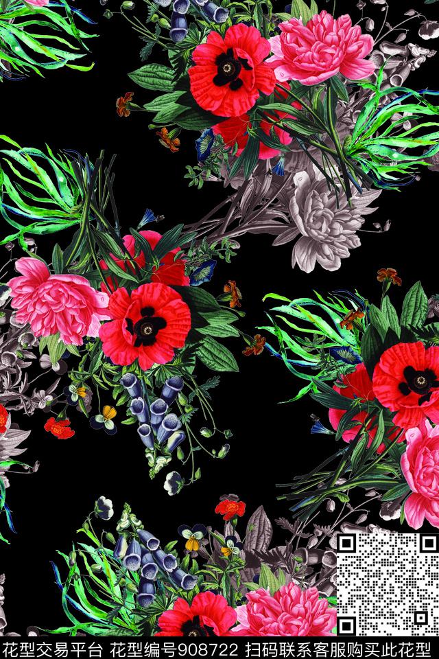 花卉月季花小碎花数码印花华亿平台下载（图片编号: 908722） - 瓦栏（Walan）