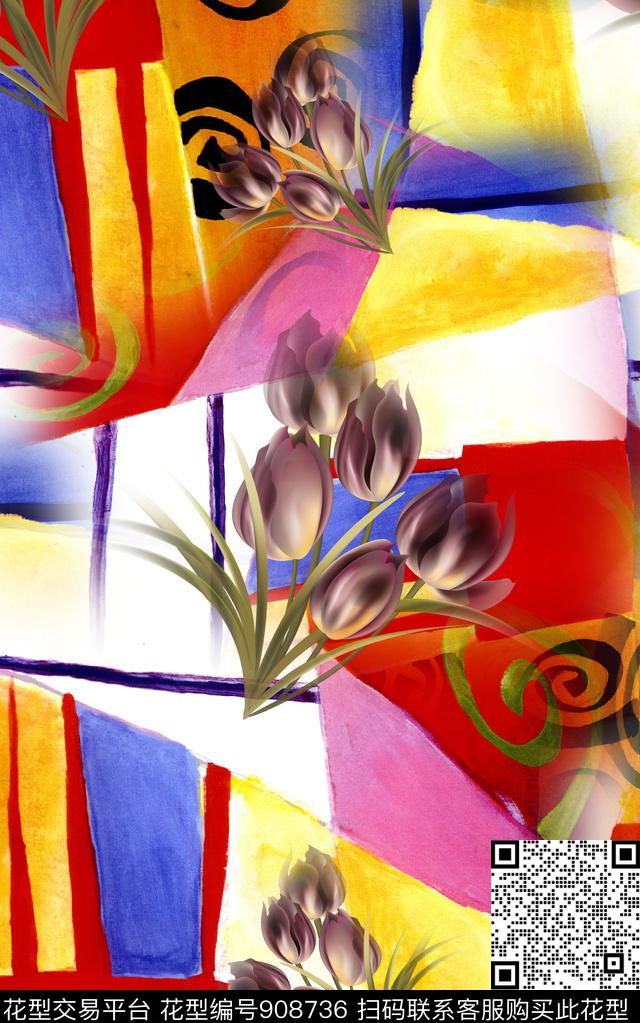 抽象花卉民族风数码印花华亿平台下载（图片编号: 908736） - 瓦栏（Walan）