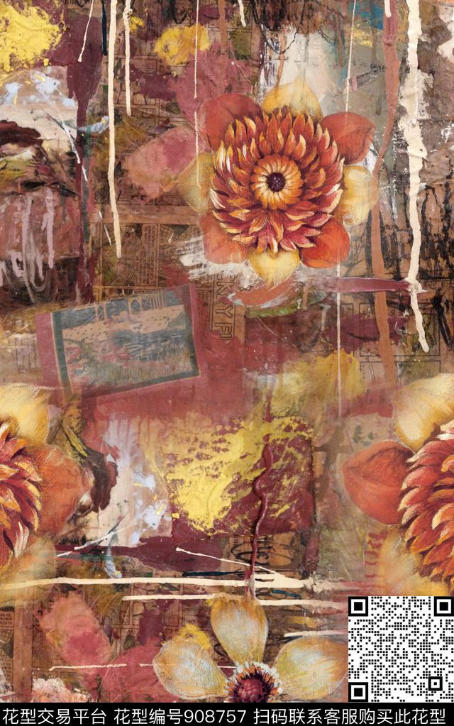 花卉民族风纹理数码印花华亿平台下载（图片编号: 908757） - 瓦栏（Walan）