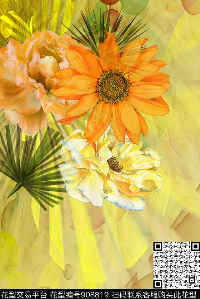 植物大花定位花数码印花华亿平台下载（图片编号: 908819） - 瓦栏（Walan）