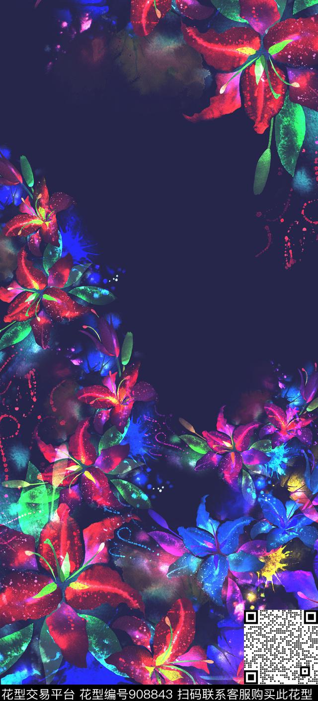 暗夜花卉荧光花卉花卉数码印花华亿平台下载（图片编号: 908843） - 瓦栏（Walan）